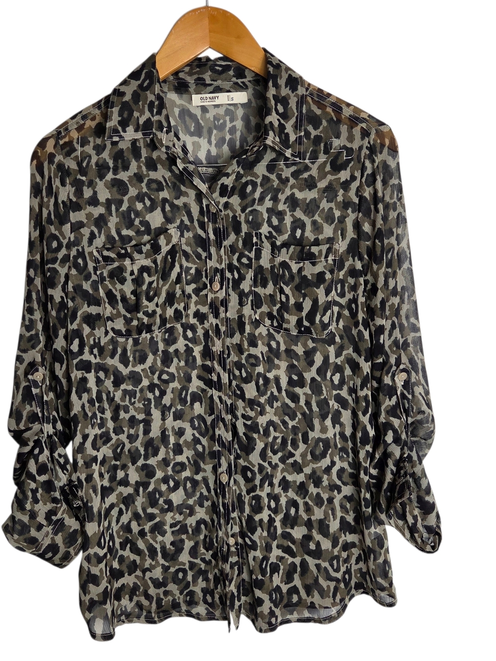 Old Navy Sheer Leopard-Print Button Shirt in Olive and Black